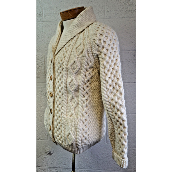 Inverallan Hand Knitted Shawl Collar Cardigan Ivory Pure New Wool Cable Pockets - Picture 4 of 10